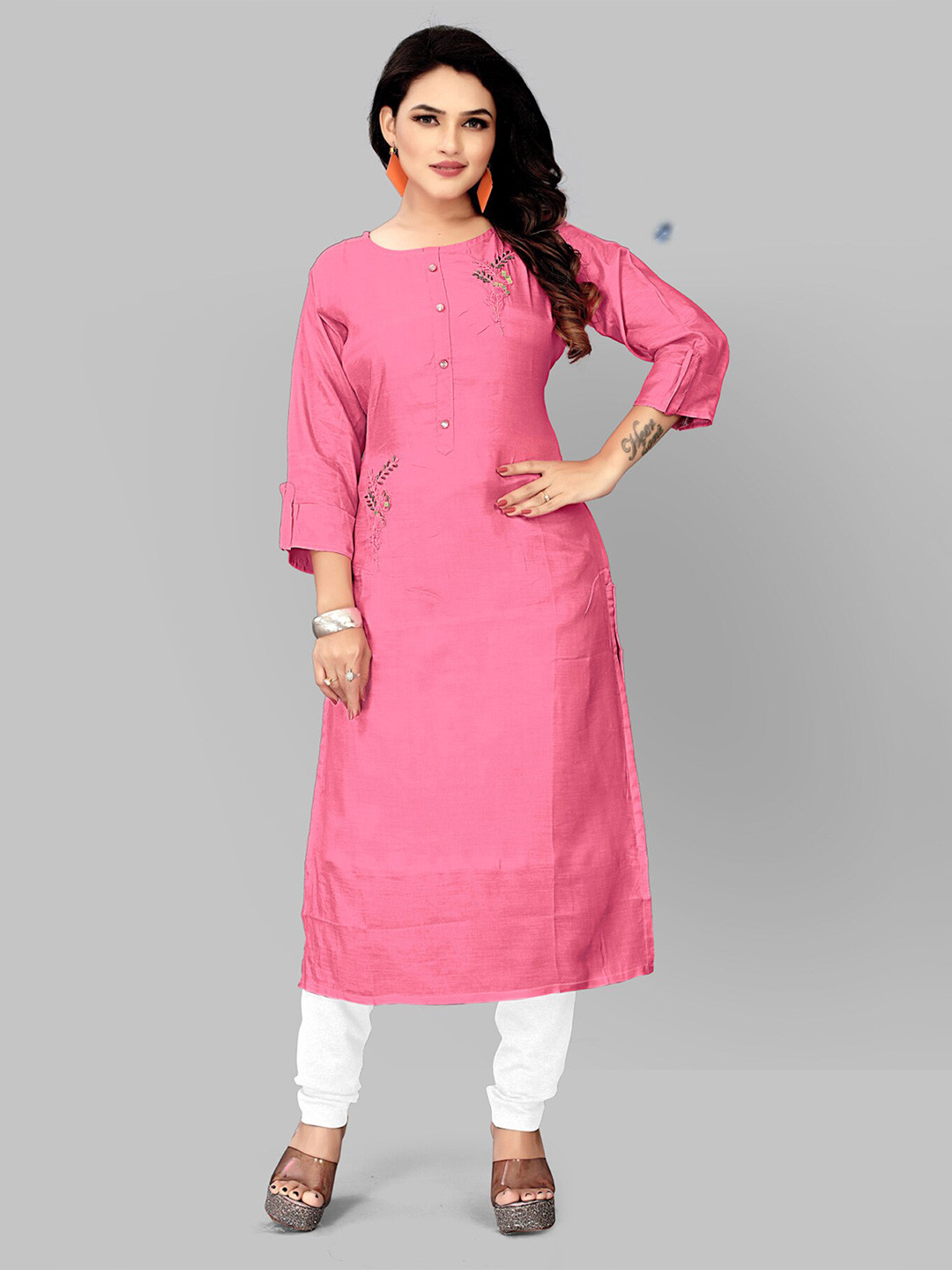 

Archittam Round Neck Regular Beads & Stones Pure Silk Straight Kurta, Pink