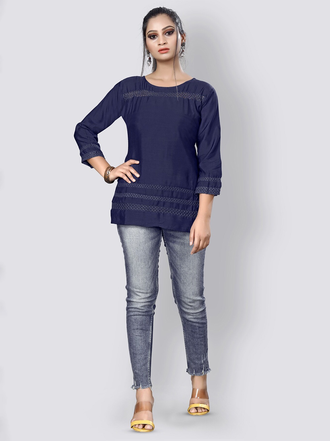 

Archittam Pure Silk Lace Inserted Straight Kurti, Navy blue