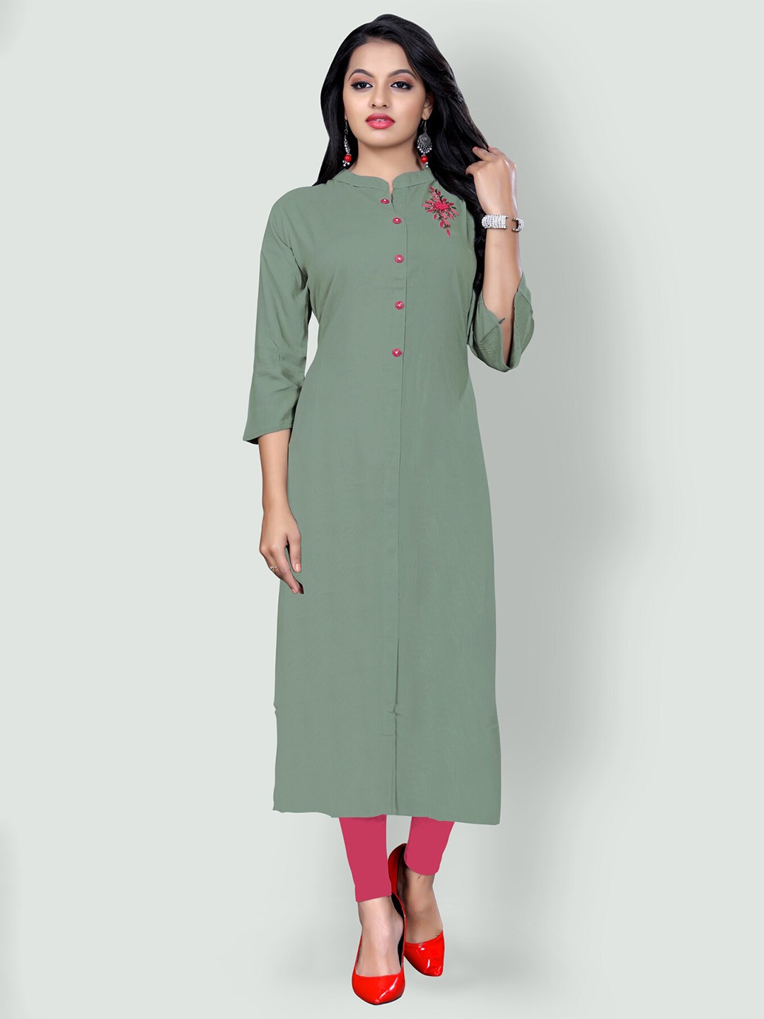 

Archittam Mandarin Collar Beads and Stones Straight Kurta, Grey