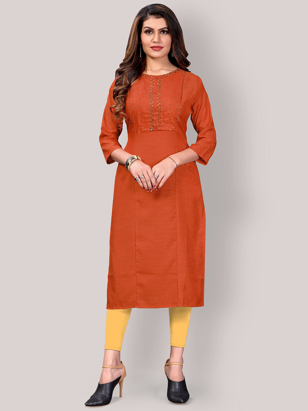 

Archittam Ethnic Motifs Yoke Design Sequinned Detailed Straight Kurta, Rust