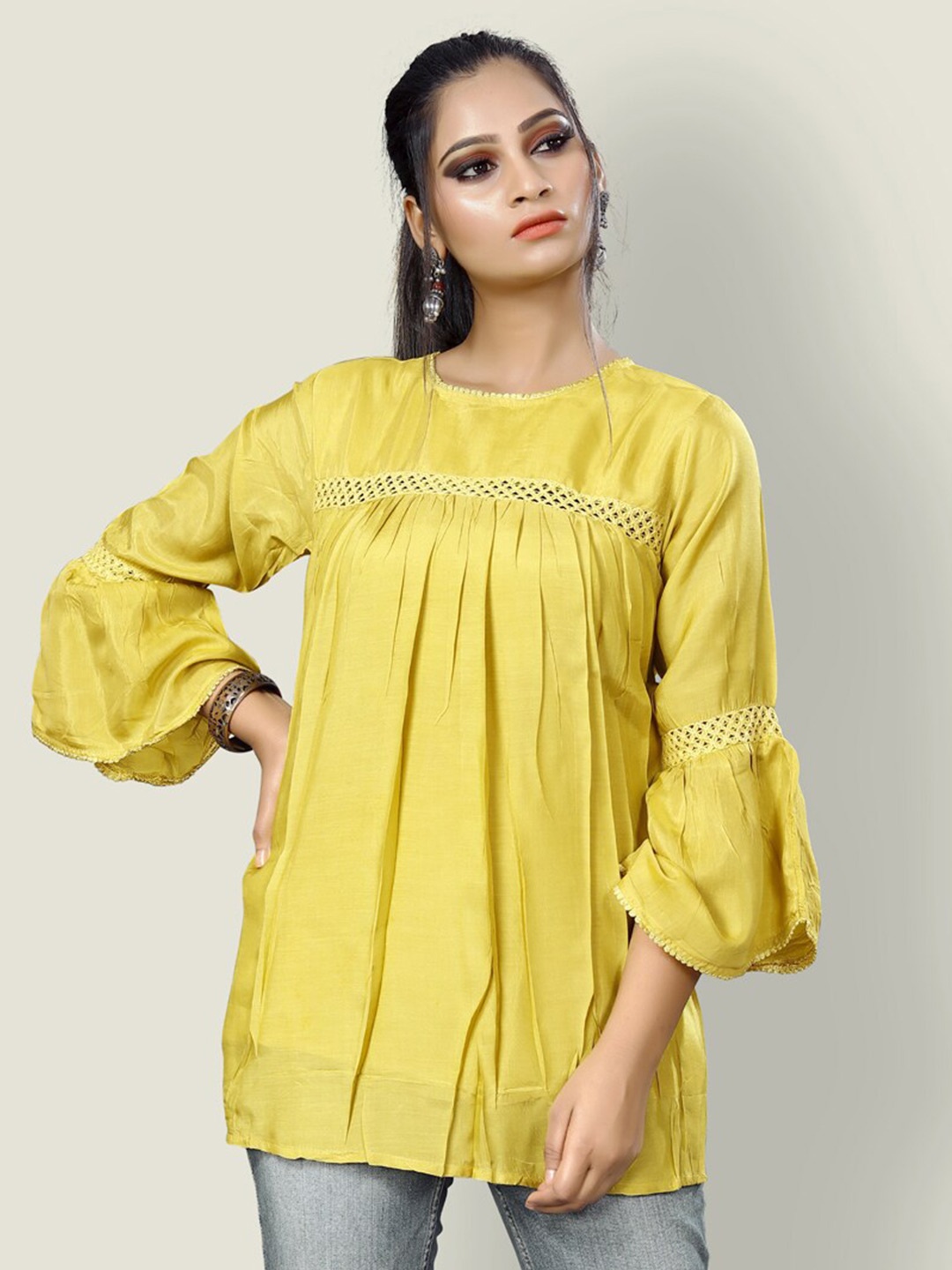 

Archittam Pleated Lace Inserted Pure Silk A-Line Kurti, Yellow