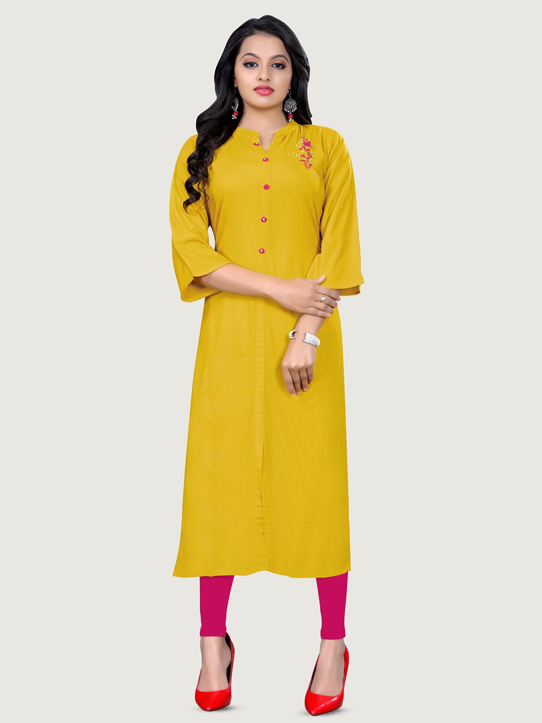

Archittam Beads & Stones Mandarin Collar Bell Sleeves Straight Kurta, Yellow