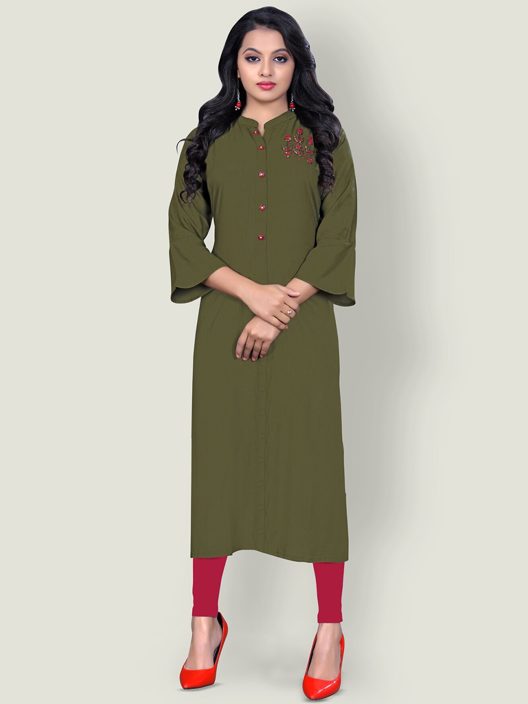 

Archittam Mandarin Collar Beads & Stones Straight Kurta, Green