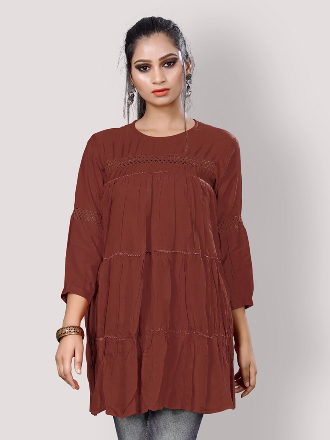 

Archittam Tiered Lace Inserted Pure Silk A-Line Kurti, Maroon