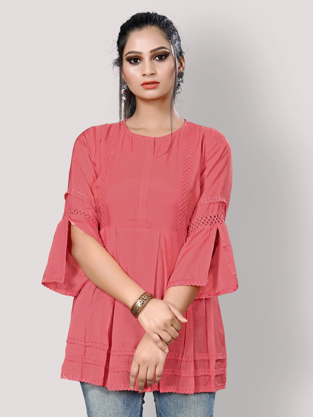 

Archittam Pleated Lace Inserted Pure Silk A-Line Kurti, Pink