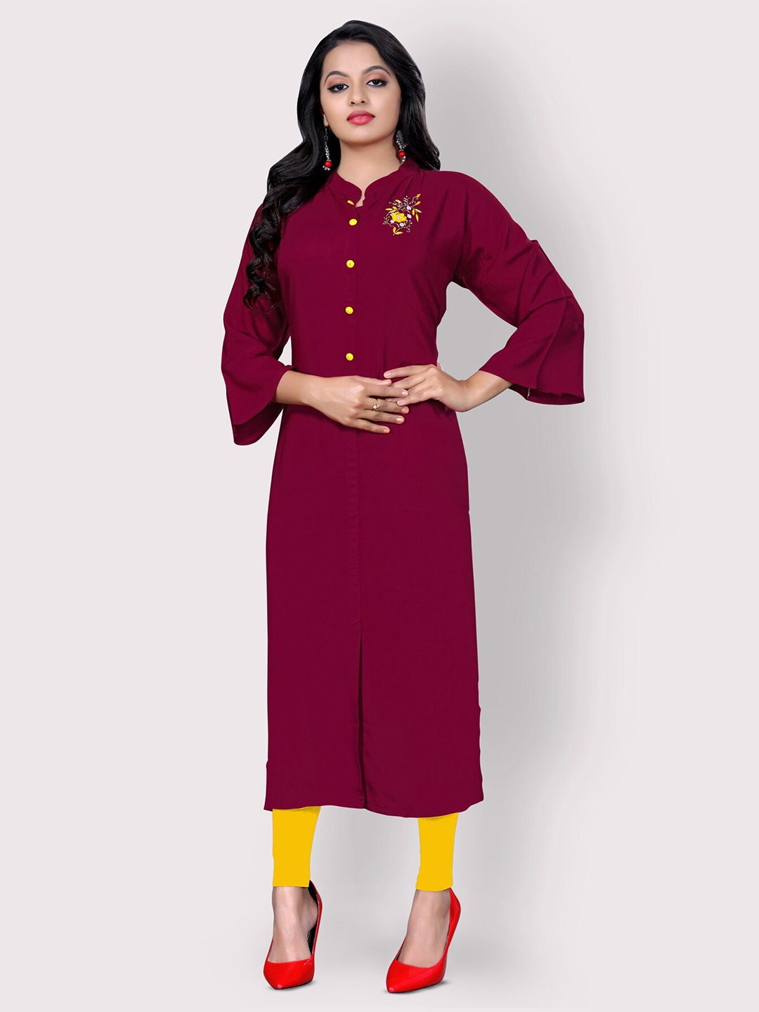 

Archittam Mandarin Collar Bell Sleeves Thread Work Straight Kurta, Purple