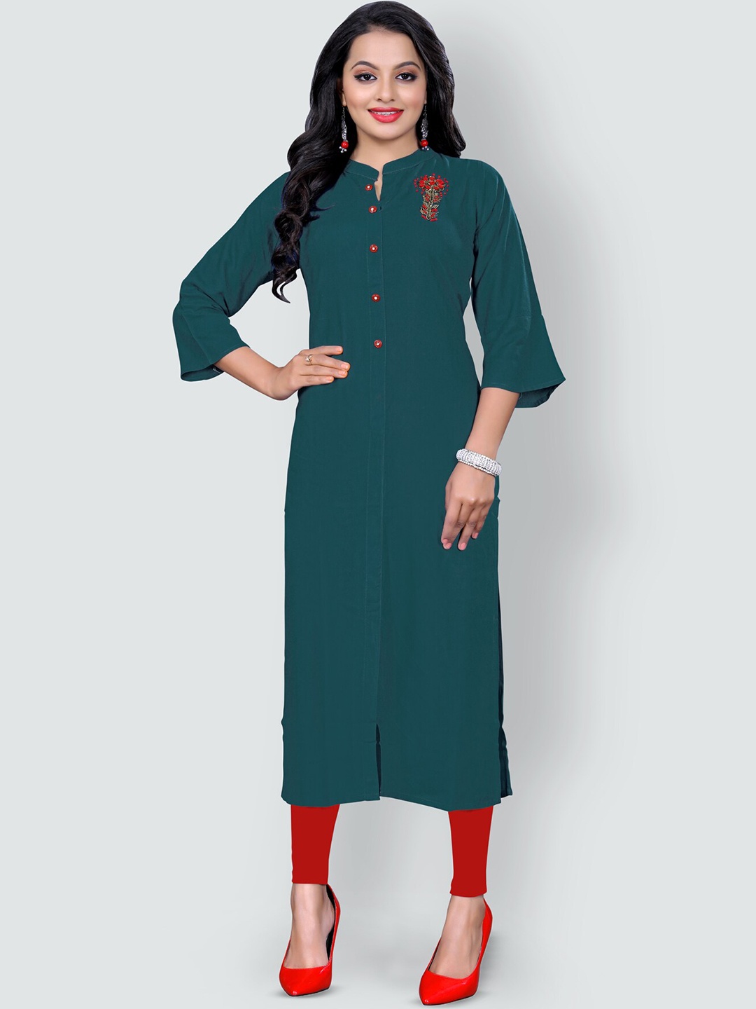 

Archittam Thread Work Mandarin Collar Bell Sleeves Straight Kurta, Teal