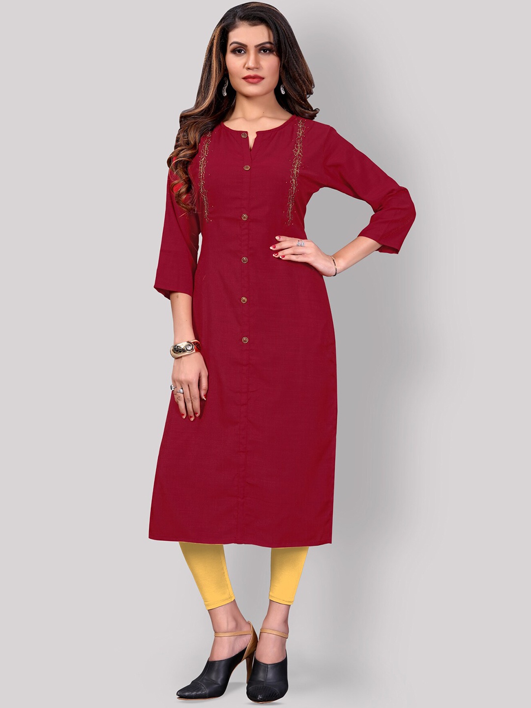 Archittam Beads & Stones Round Neck Straight Kurta, Maroon