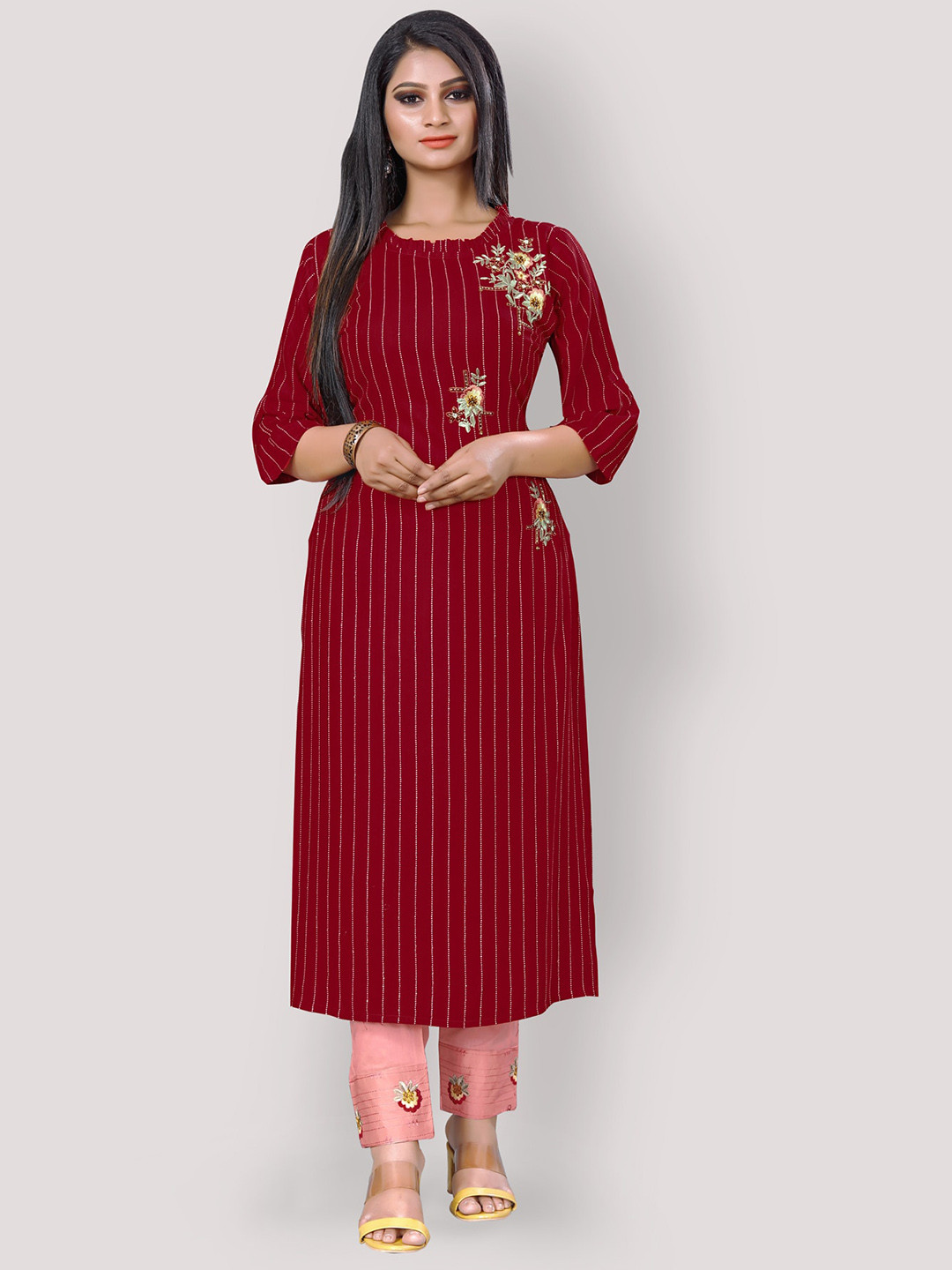 

Archittam Striped Beads And Stones Straight Kurta With Trousers, Red