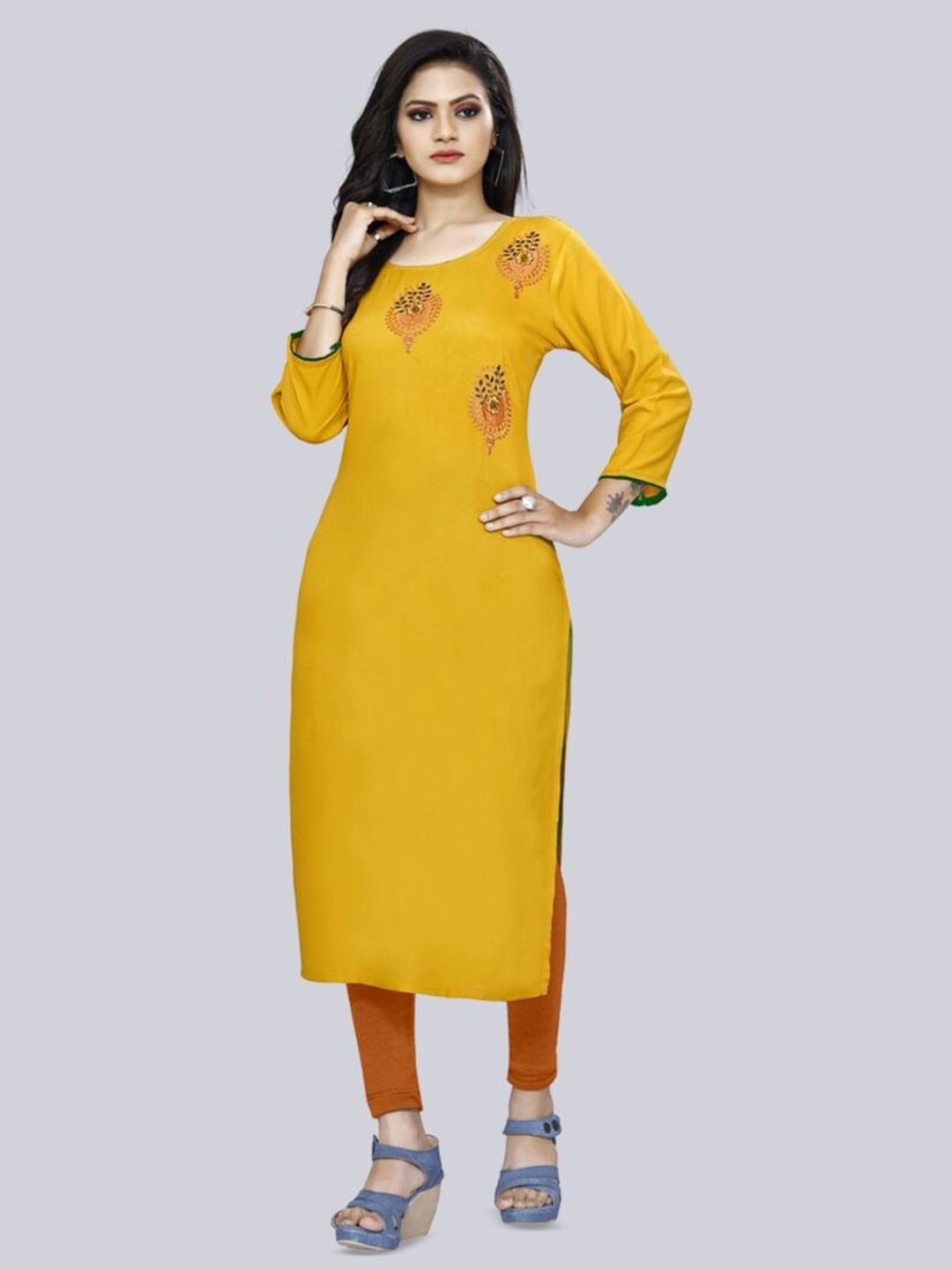 

Archittam Ethnic Motifs Embroidered Round Neck Straight Kurta, Yellow