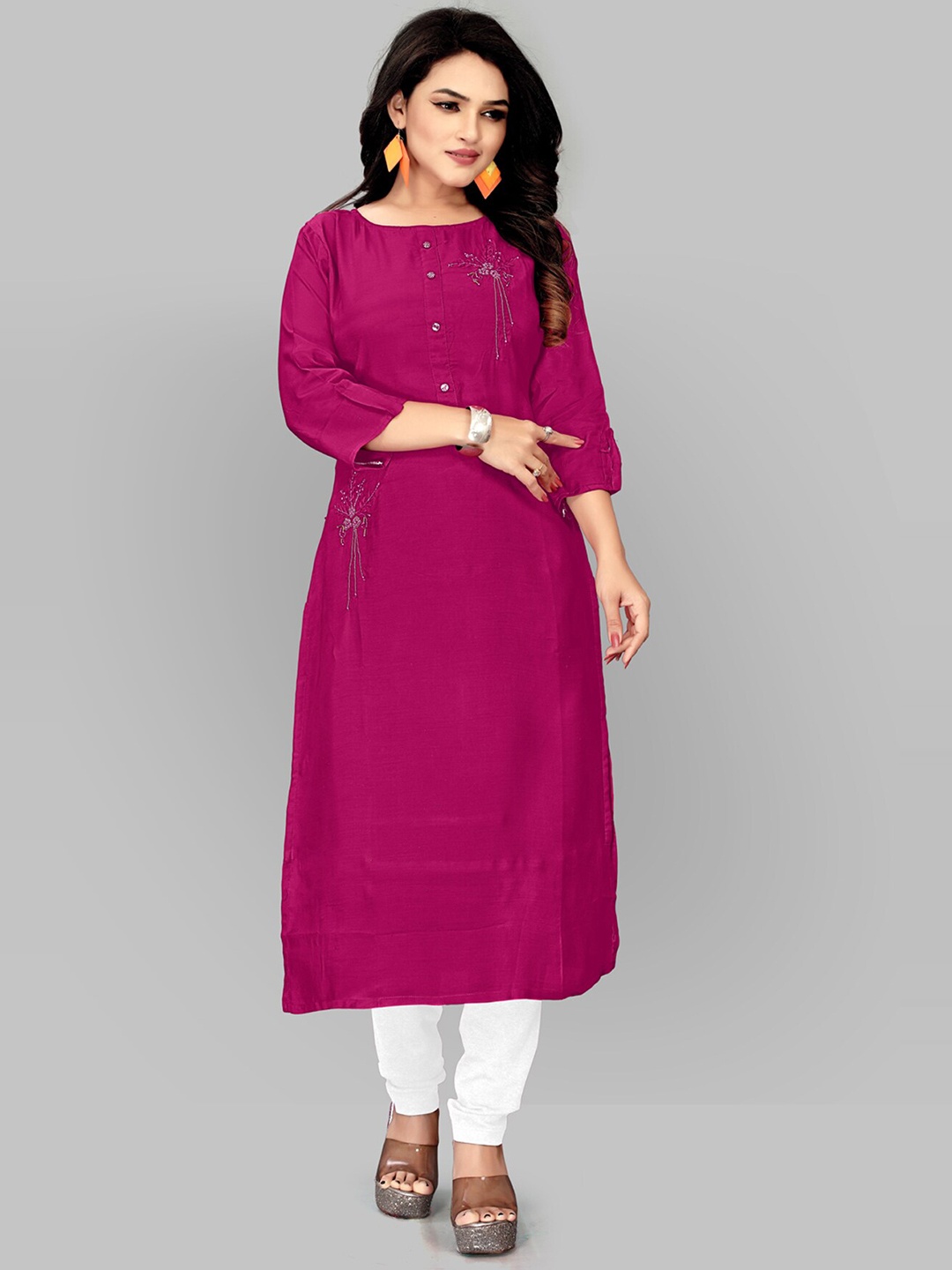 

Archittam Embellished Roll-Up Sleeves Boat Neck Straight Kurta, Purple