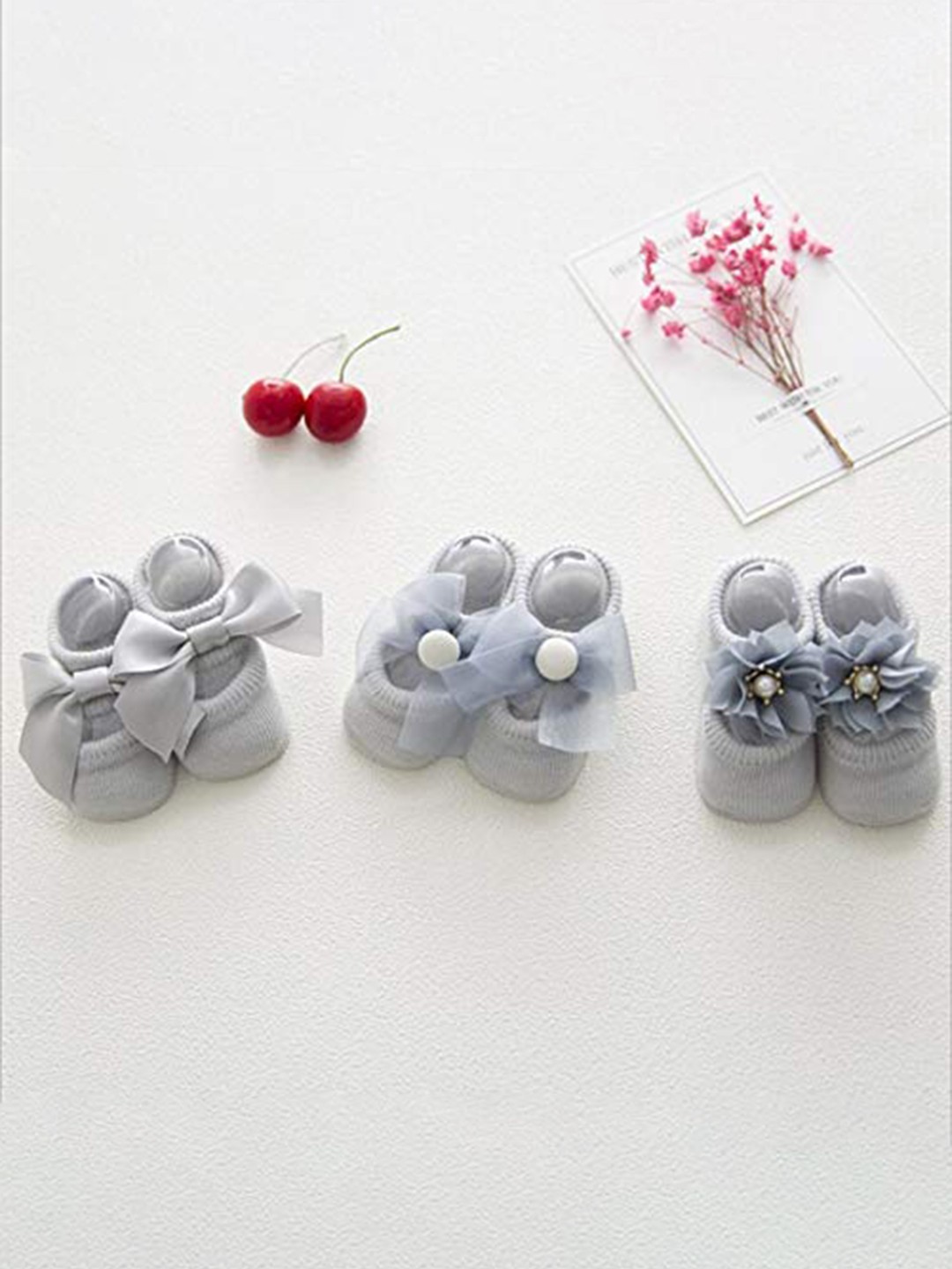 

SYGA Infants Pack of 3 Pure Cotton Bow Detailed Socks, Grey