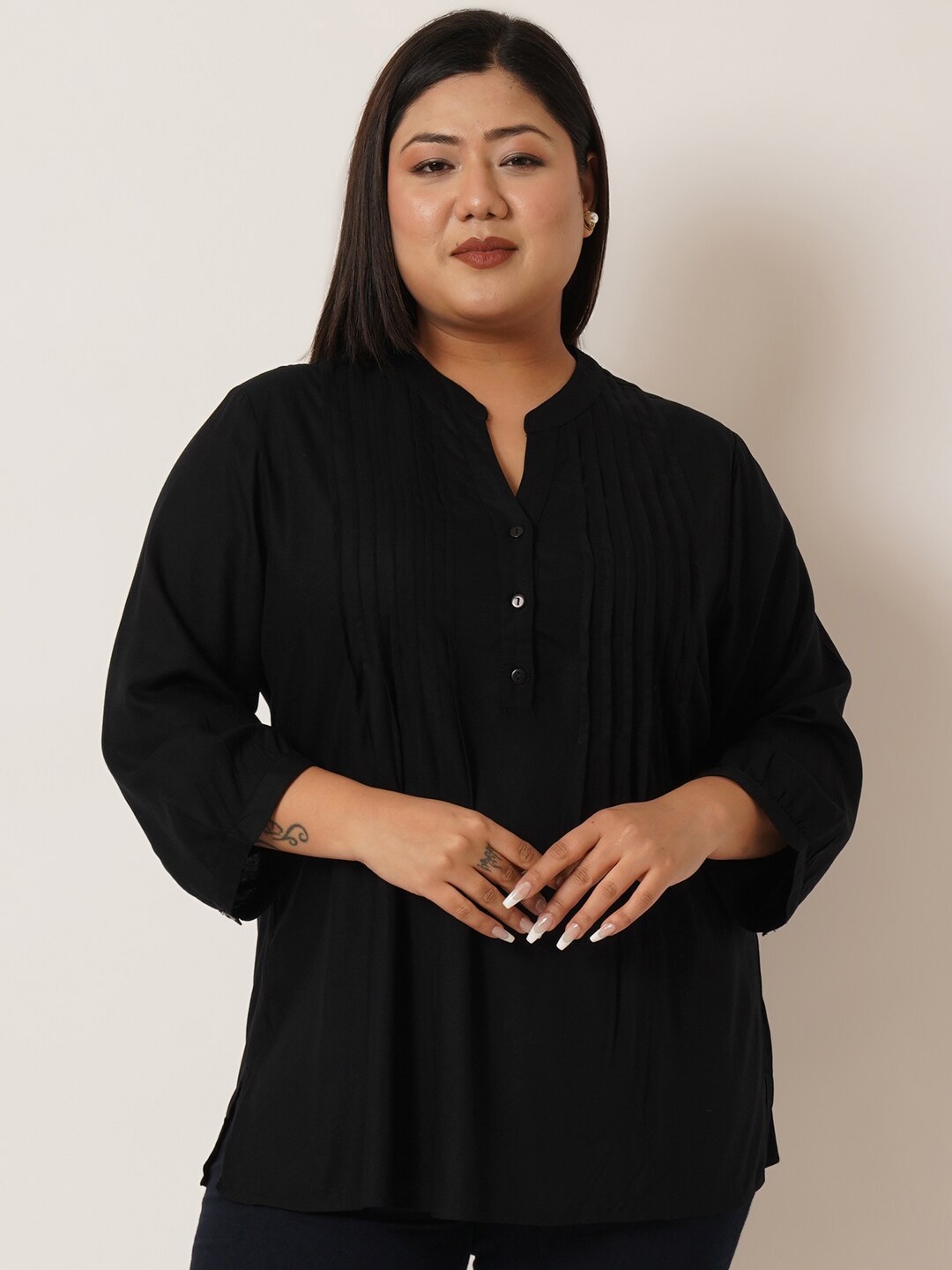 

IX IMPRESSION Plus Size Mandarin Collar Shirt Style Top, Black