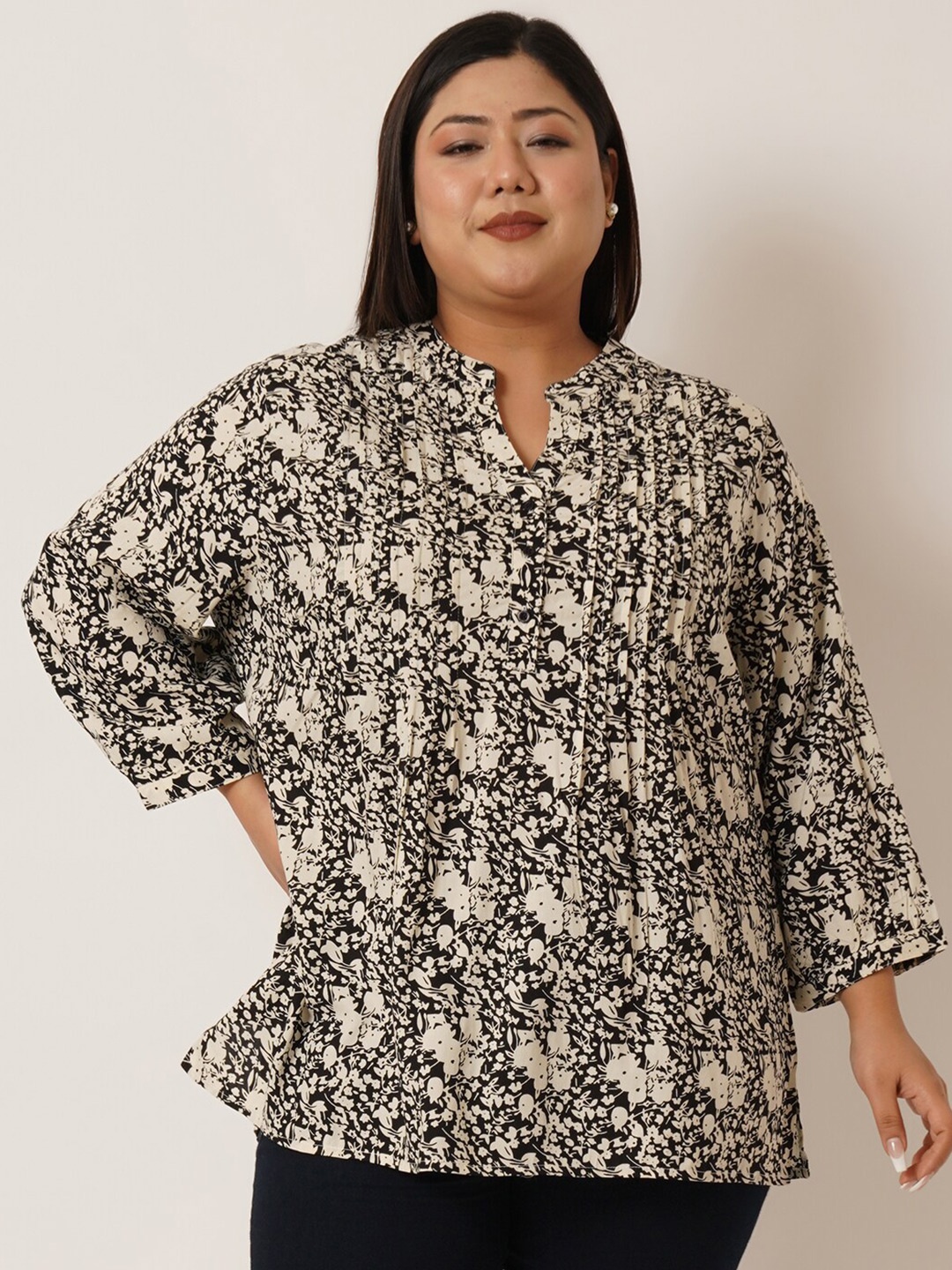 

IX IMPRESSION Plus Size Floral Print Mandarin Collar Top, Black