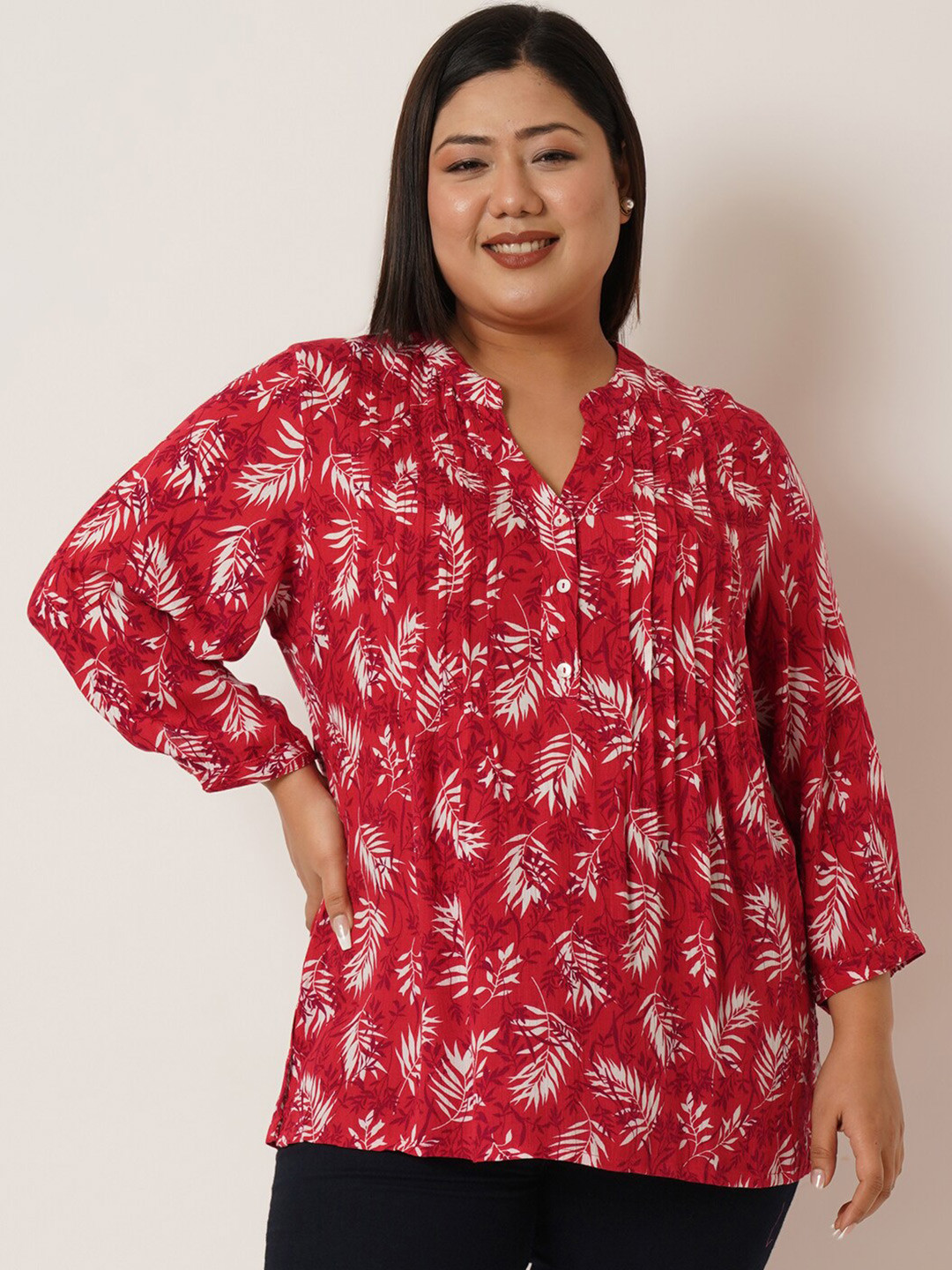 

IX IMPRESSION Plus Size Floral Printed Mandarin Collar Pleated Top, Red