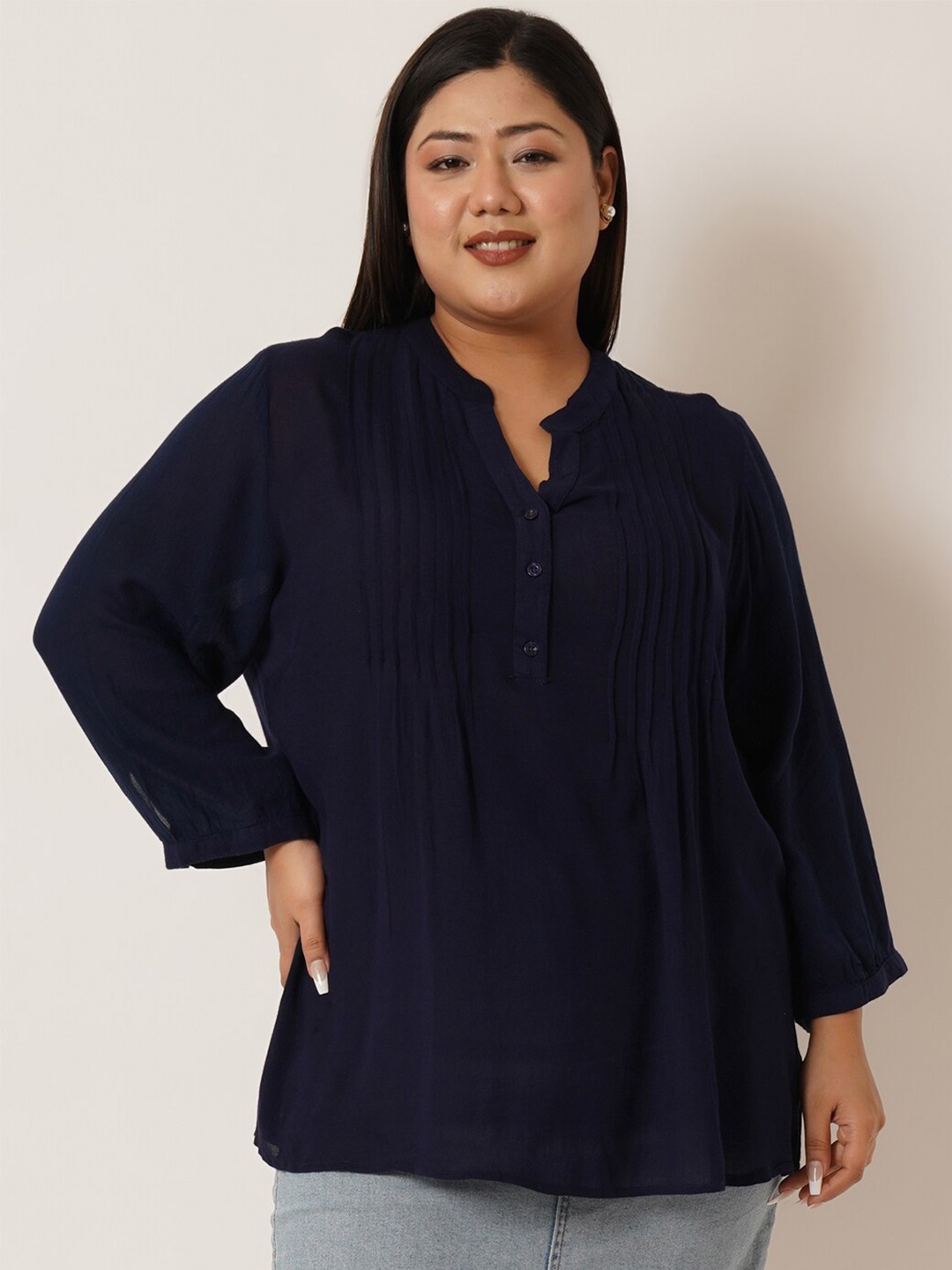 

IX IMPRESSION Plus Size Mandarin Collar Pintuck Top, Navy blue