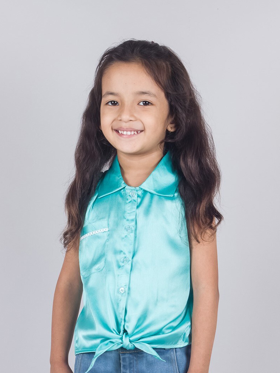 

Tangerine Closet Girls Shirt Collar Satin Top, Blue