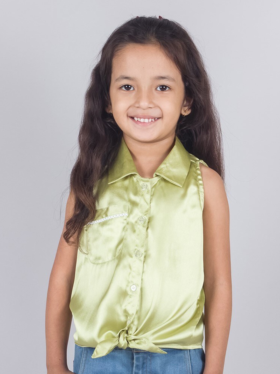 

Tangerine Closet Girls Shirt Collar Tie Up Satin Shirt Style Top, Olive
