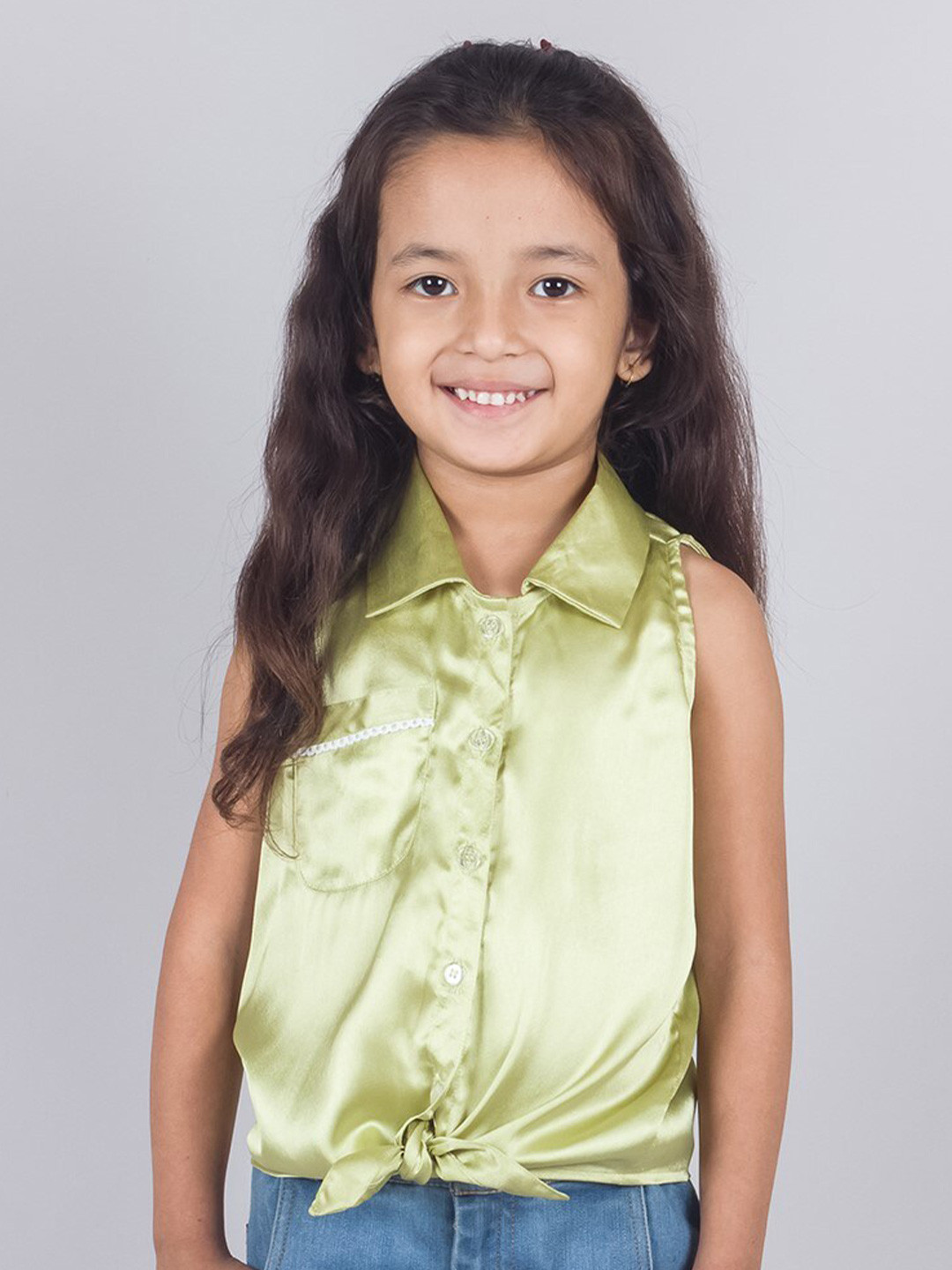 

Tangerine Closet Girls Shirt Collar Tie Up Satin Shirt Style Top, Olive