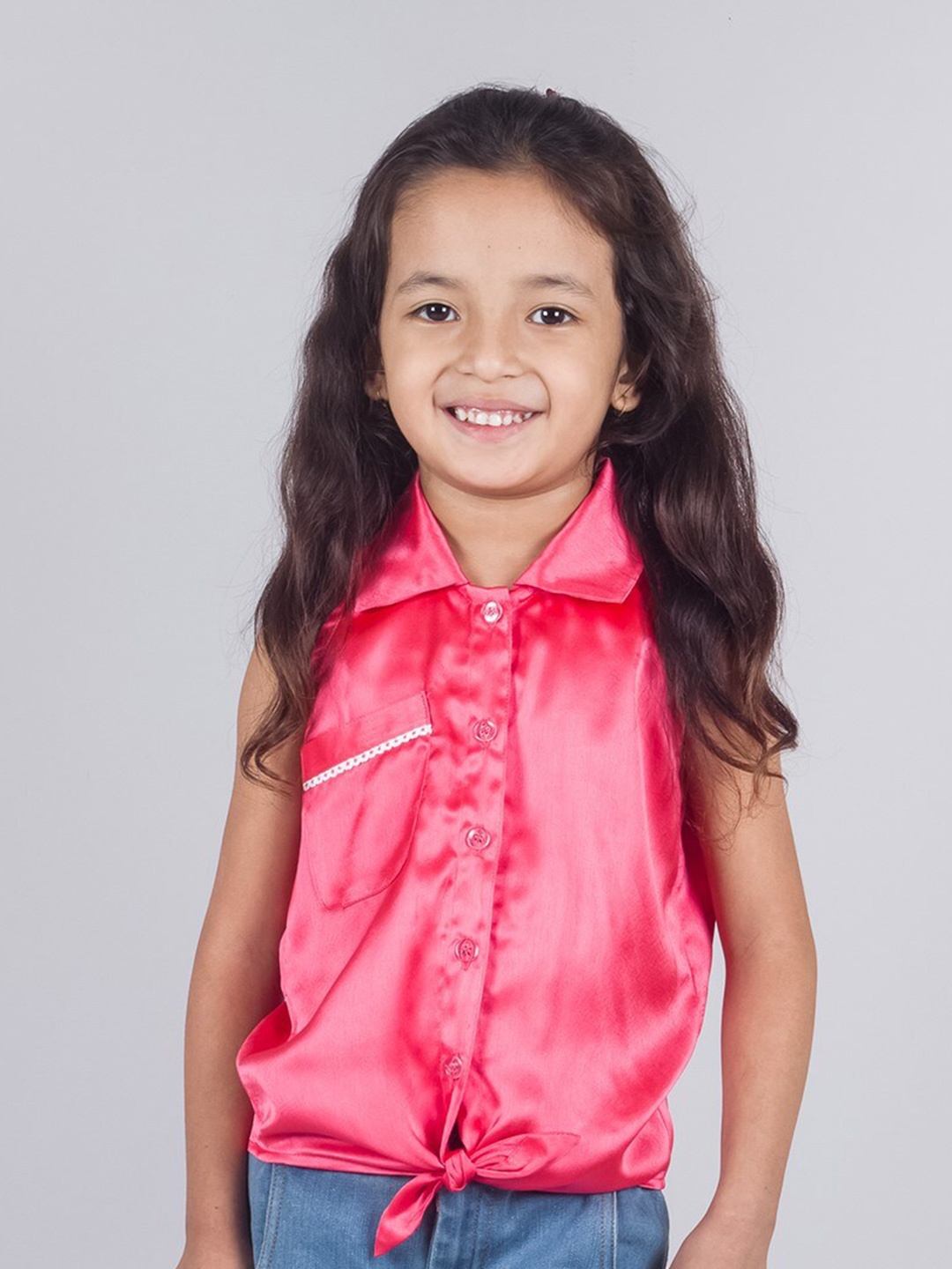 

Tangerine Closet Girls Shirt Collar Tie Up Satin Shirt Style Top, Peach