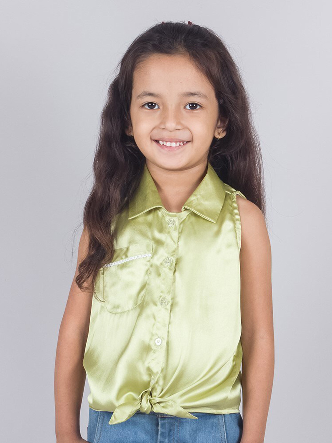 

Tangerine Closet Girls Shirt Collar Tie Up Satin Shirt Style Top, Olive