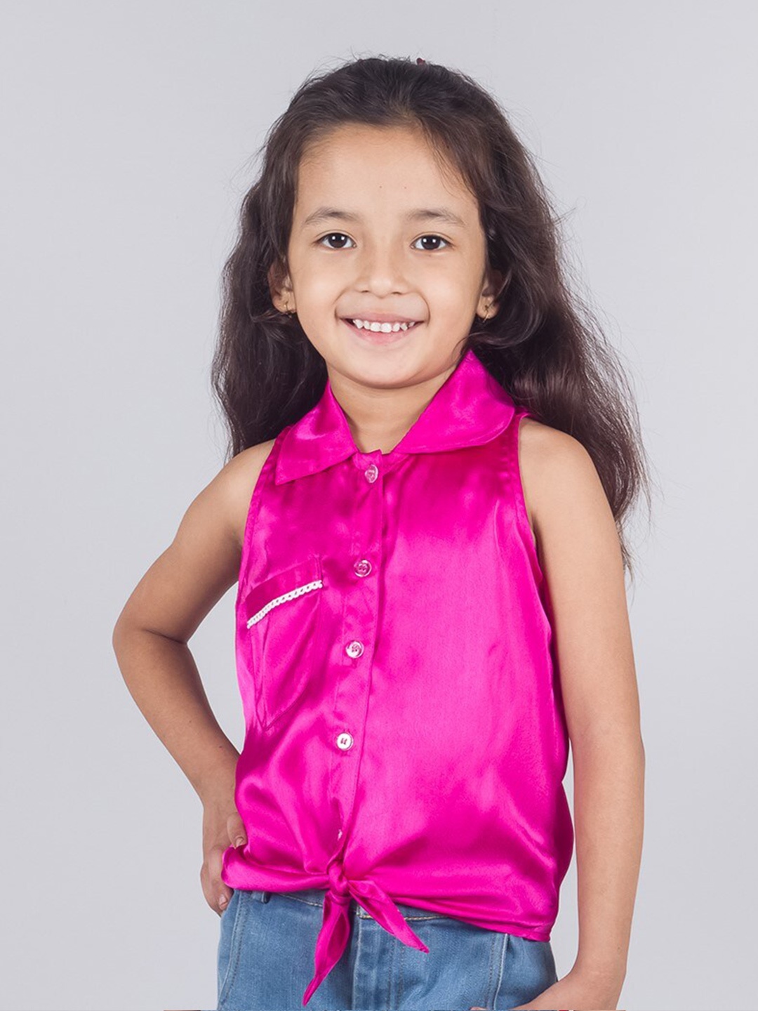 

Tangerine Closet Girls Shirt Collar Tie Up Satin Shirt Style Top, Magenta