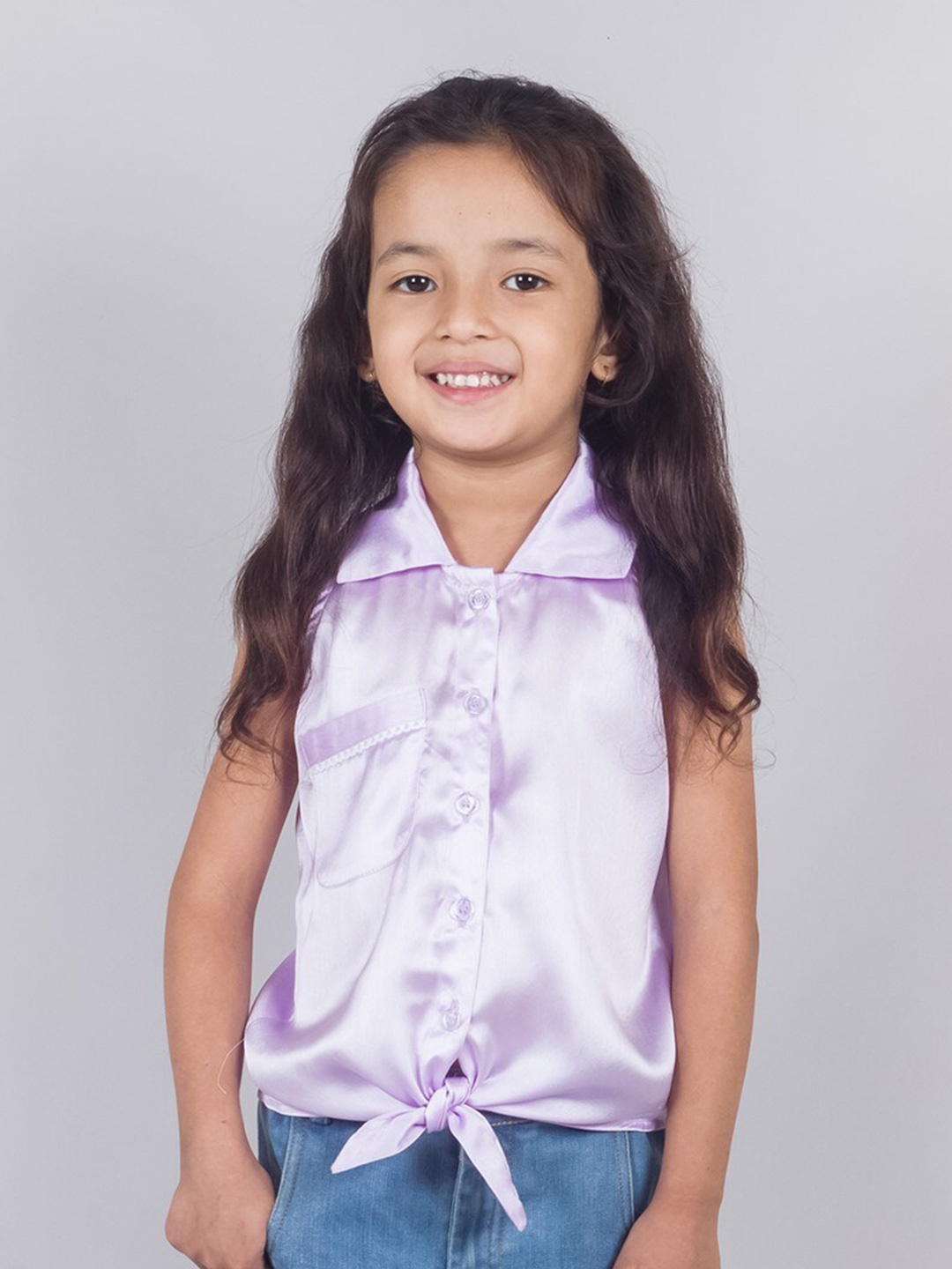 

Tangerine Closet Girls Shirt Collar Tie Up Satin Shirt Style Top, Purple