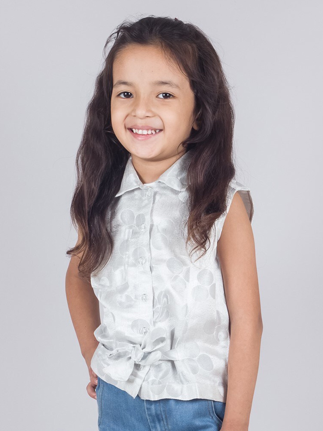 

Tangerine Closet Girls Geometric Printed Satin Shirt Style Top, Grey