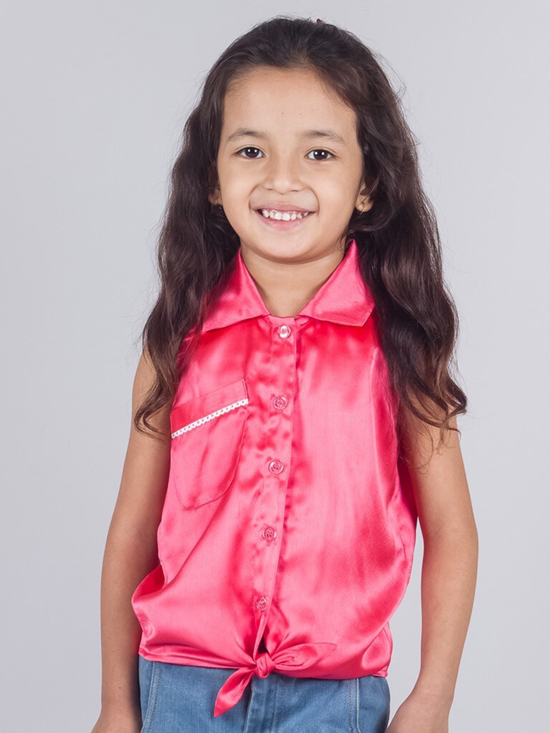 

Tangerine Closet Girls Knotted Satin Shirt Style Top, Peach