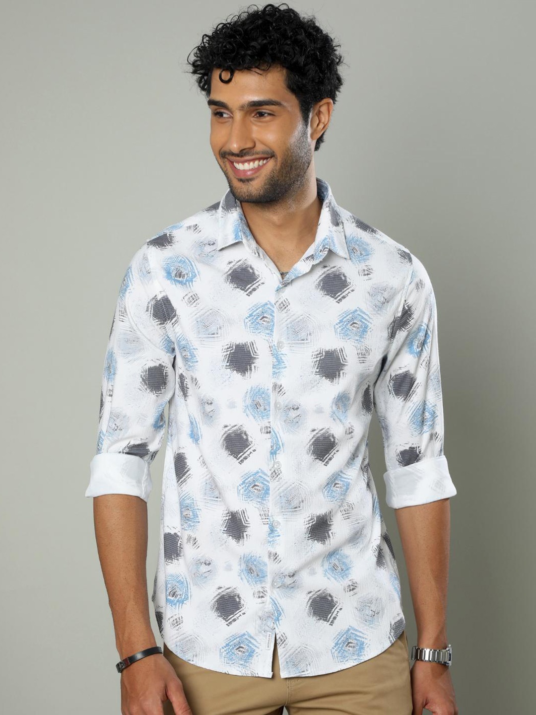 

FLY 69 Premium Slim Fit Abstract Printed Long Sleeves Casual Shirt, White