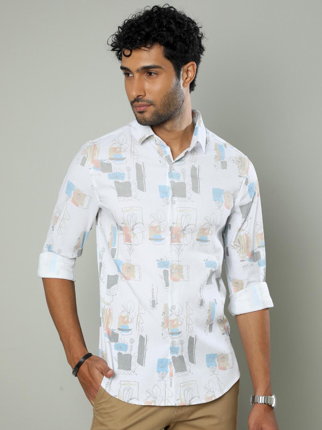 

FLY 69 Premium Slim Fit Conversational Printed Long Sleeves Casual Shirt, White