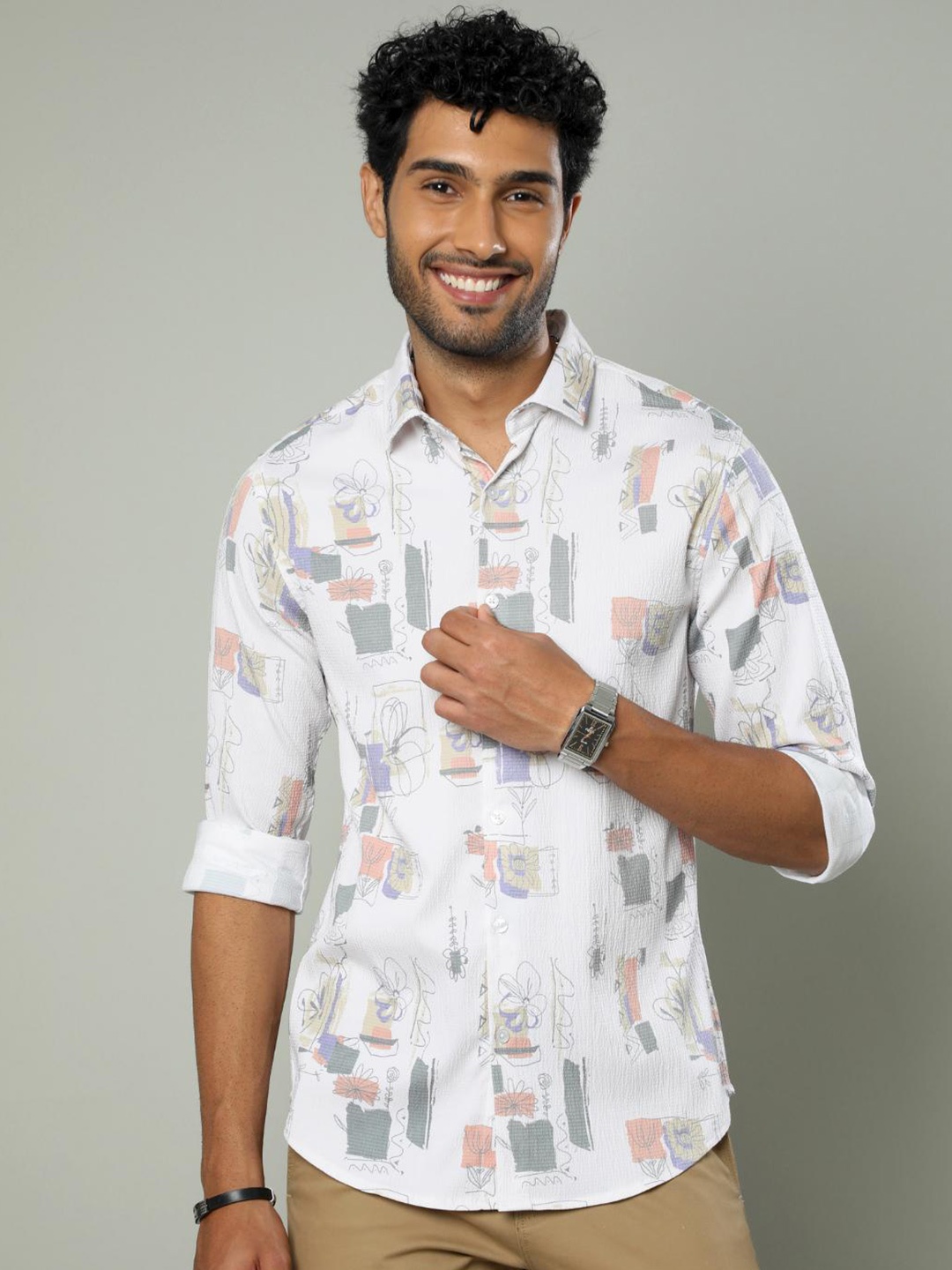 

FLY 69 Premium Slim Fit Abstract Printed Spread Collar Casual Shirt, White