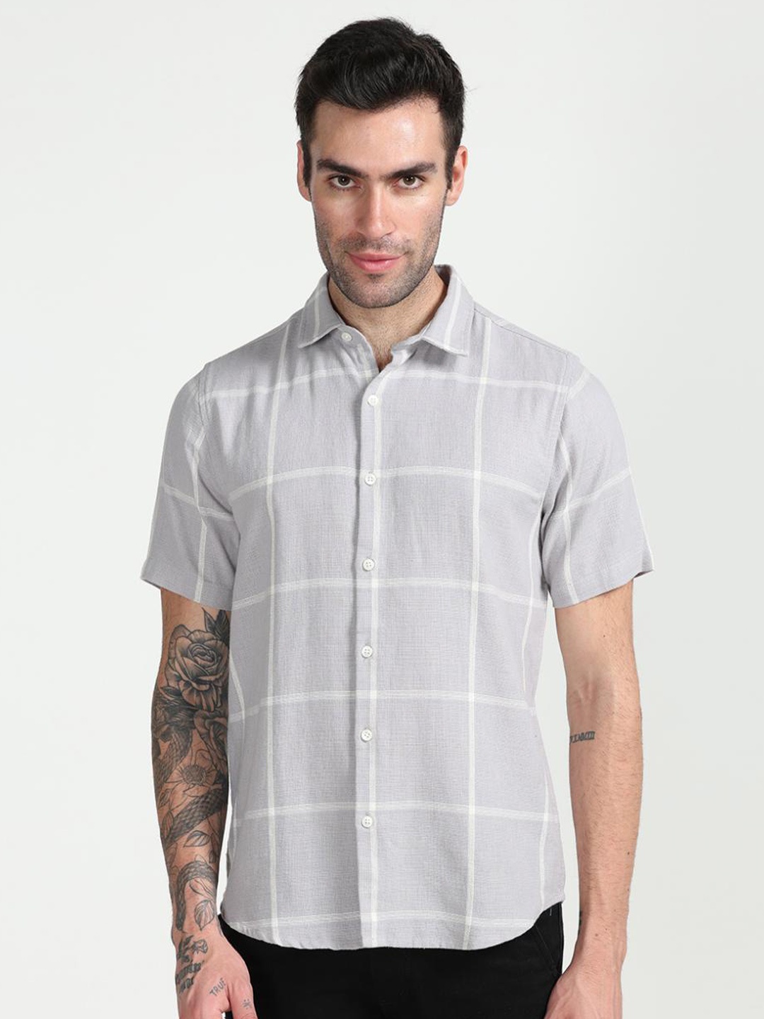 

FLY 69 Premium Slim Fit Checked Spread Collar Cotton Casual Shirt, Grey