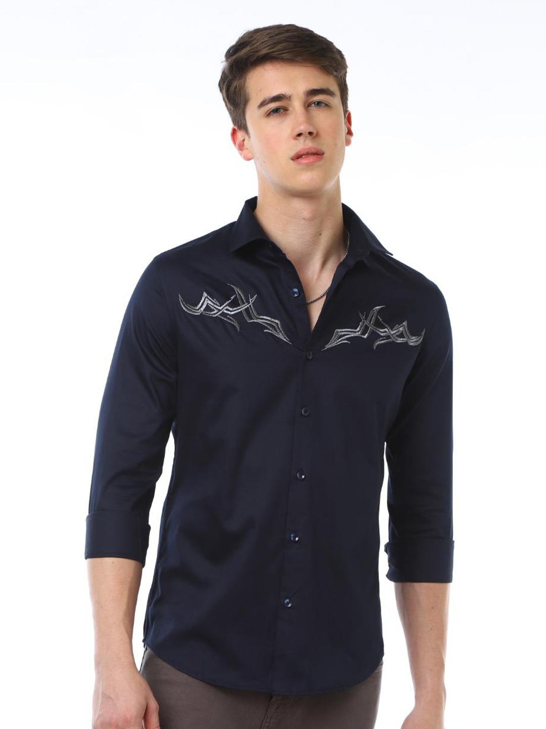 

FLY 69 Premium Slim Fit Pure Cotton Casual Shirt, Navy blue
