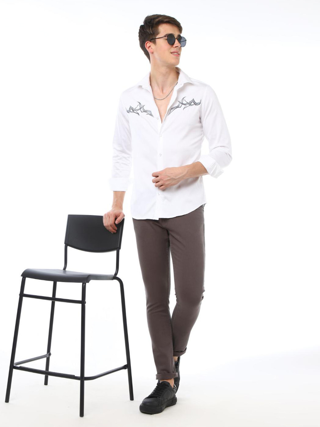 

FLY 69 Premium Slim Fit Graphic Printed Long Sleeves Cotton Casual Shirt, White