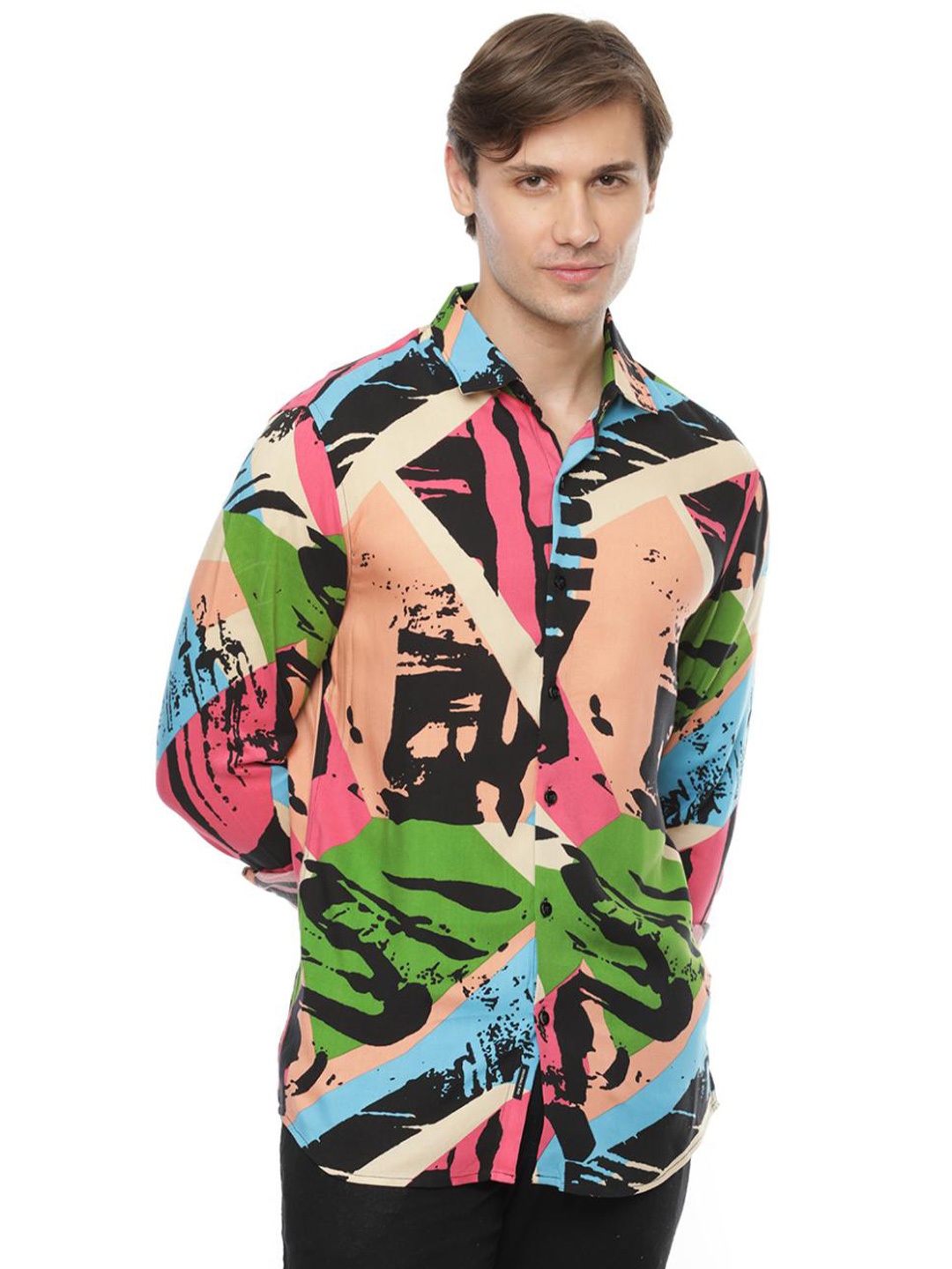 

FLY 69 Premium Slim Fit Abstract Printed Long Sleeves Casual Shirt, Green