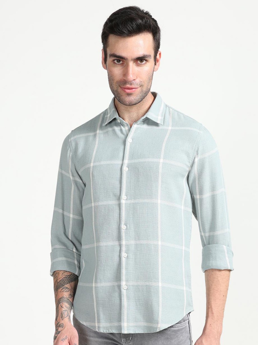 

FLY 69 Premium Slim Fit Windowpane Checks Pure Cotton Casual Shirt, Green