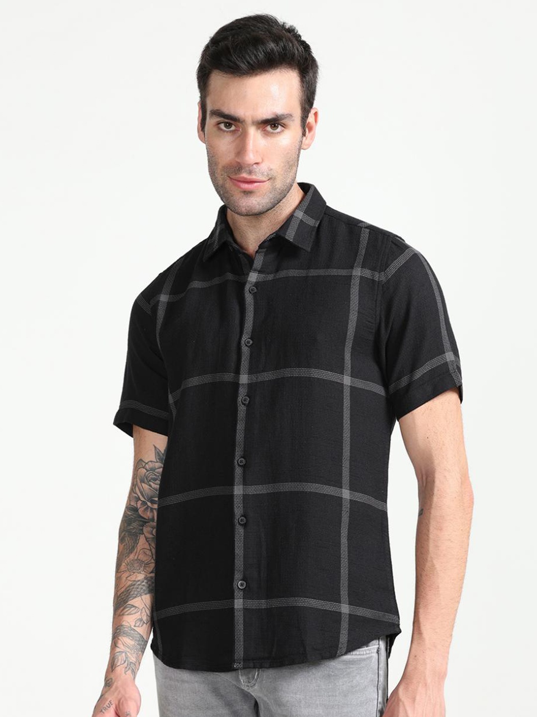 

FLY 69 Premium Slim Fit Windowpane Checked Pure Cotton Casual Shirt, Black