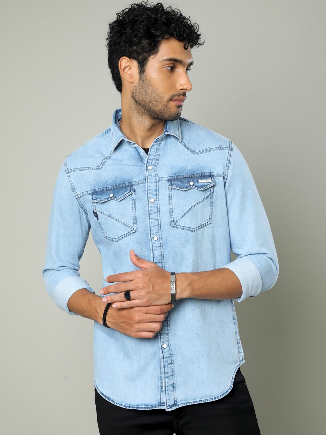 

FLY 69 Premium Slim Fit Faded Denim Casual Shirt, Blue