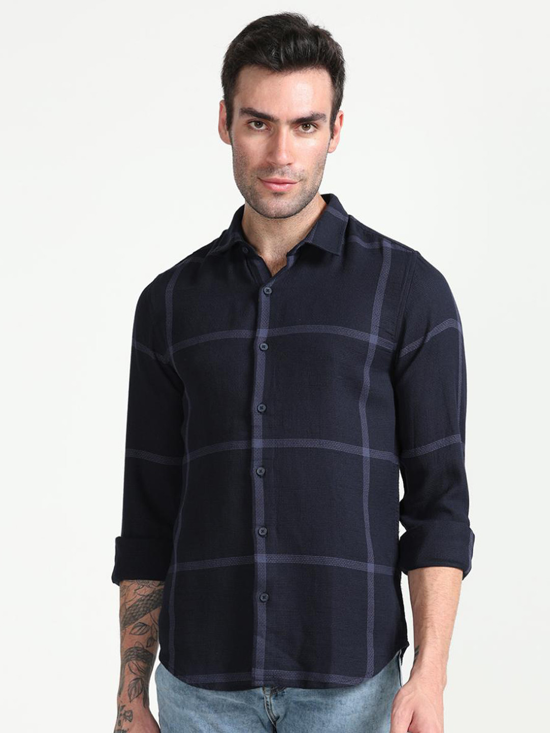 

FLY 69 Premium Slim Fit Windowpane Checks Spread Collar Cotton Casual Shirt, Navy blue