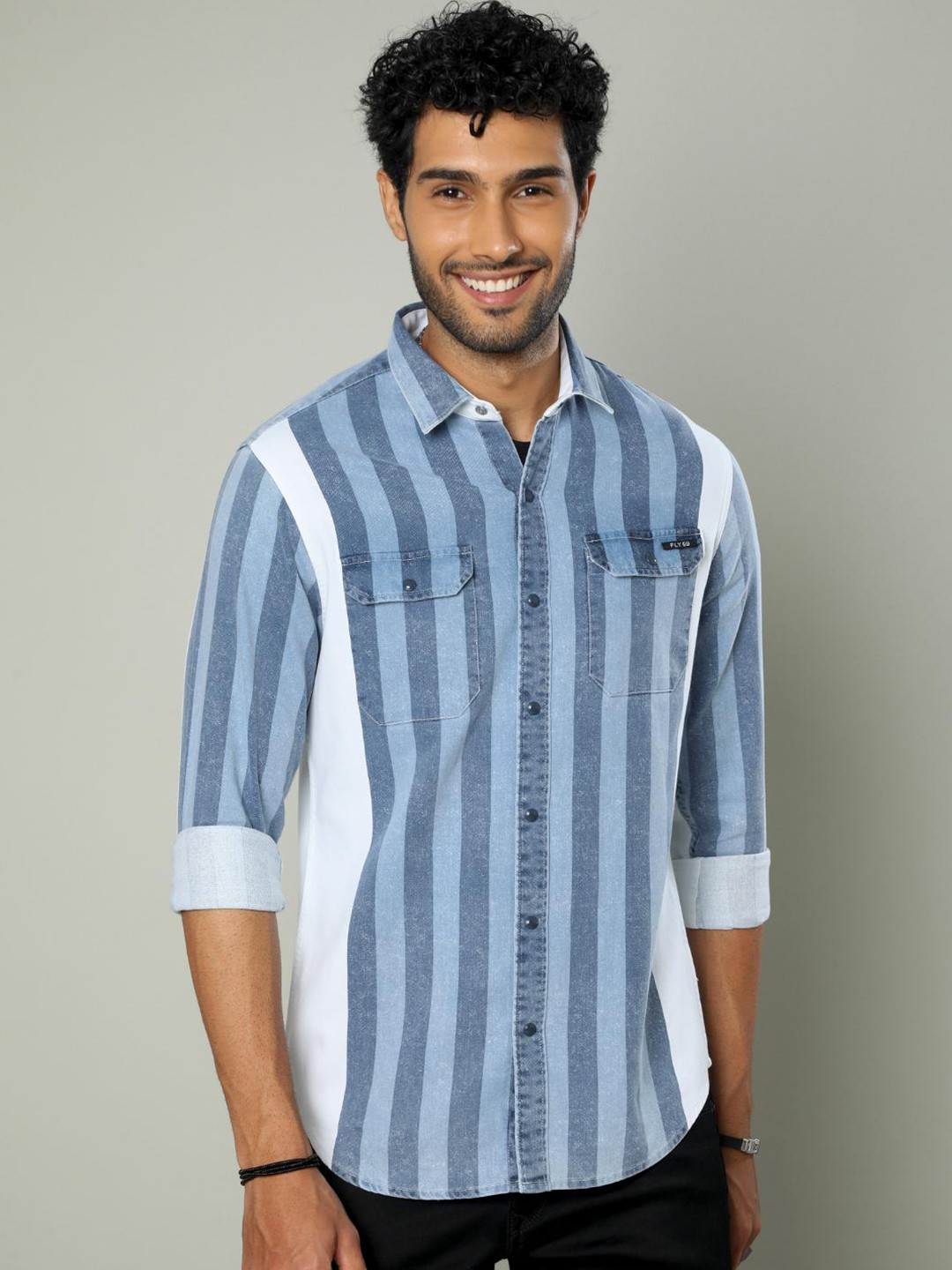 

FLY 69 Premium Slim Fit Striped Denim Casual Shirt, Blue