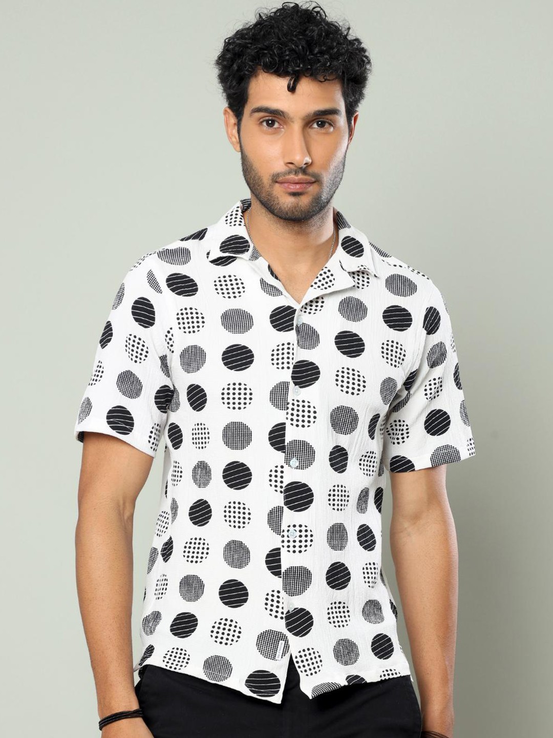 

FLY 69 Premium Geometric Printed Boxy Casual Shirt, White