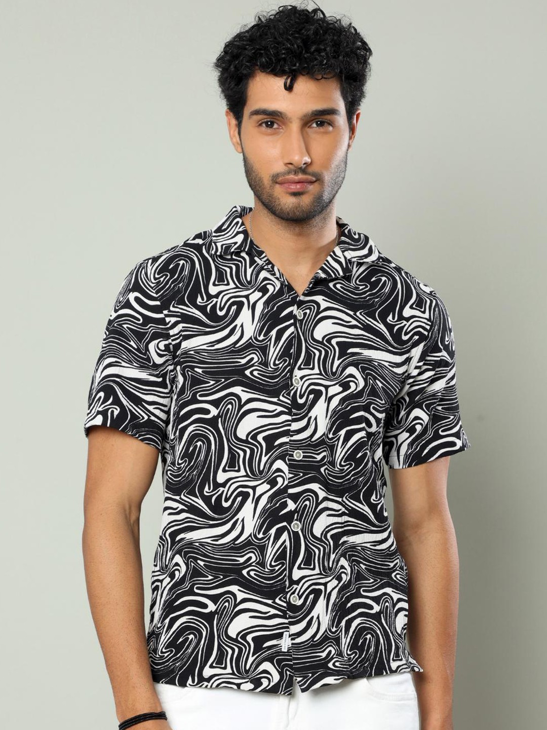 

FLY 69 Premium Boxy Abstract Printed Spread Collar Casual Shirt, Black