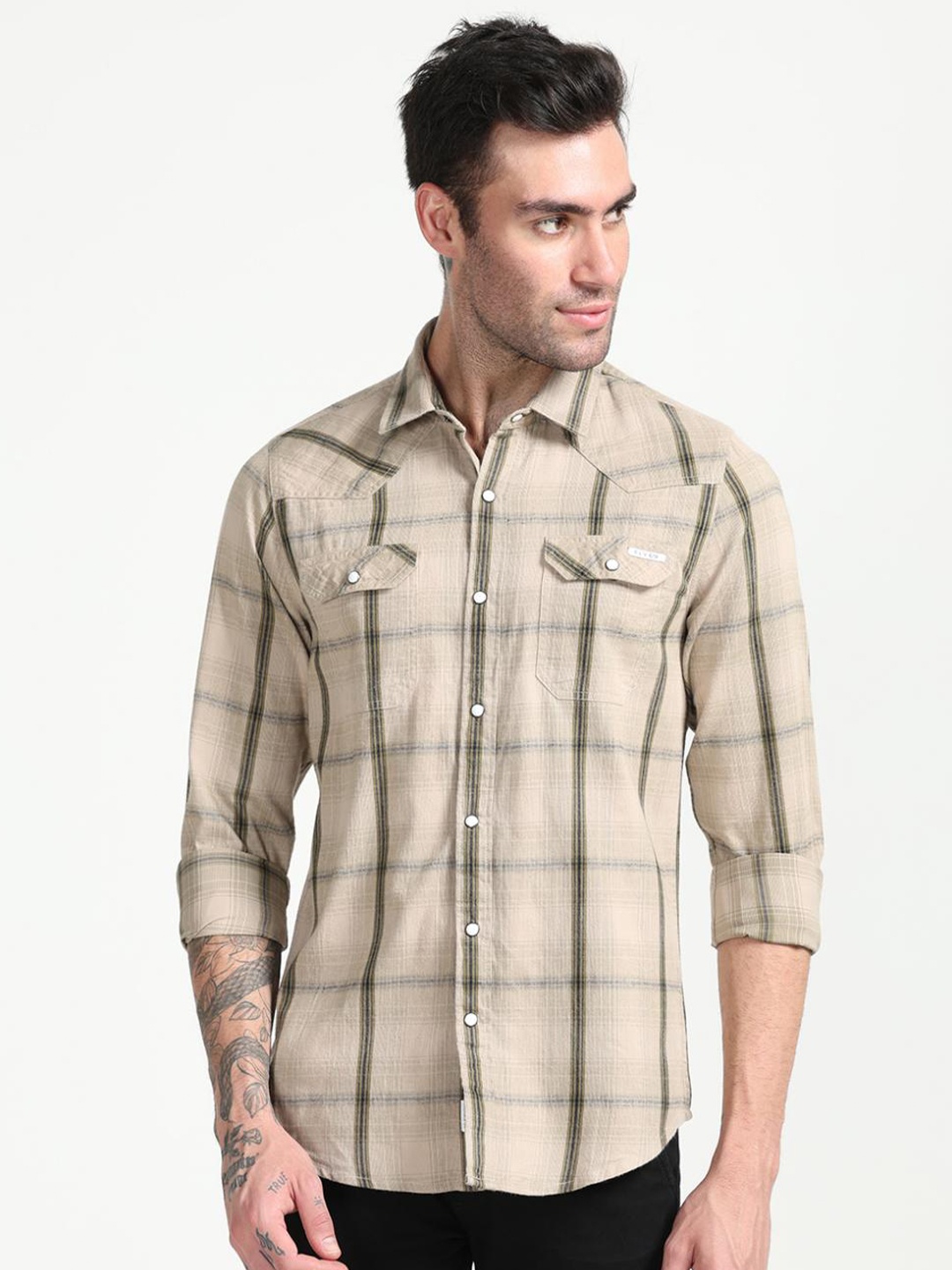 

FLY 69 Premium Slim Fit Checked Pure Cotton Casual Shirt, Tan