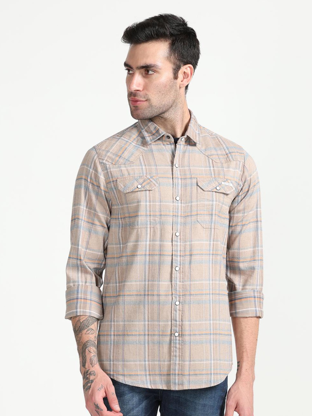 

FLY 69 Premium Slim Fit Checked Pure Cotton Casual Shirt, Beige