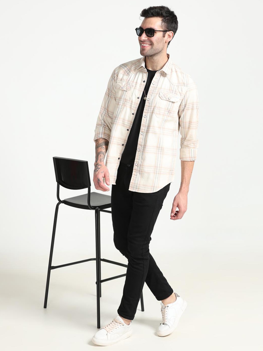 

FLY 69 Premium Slim Fit Tartan Checked Spread Collar Pure Cotton Casual Shirt, Cream