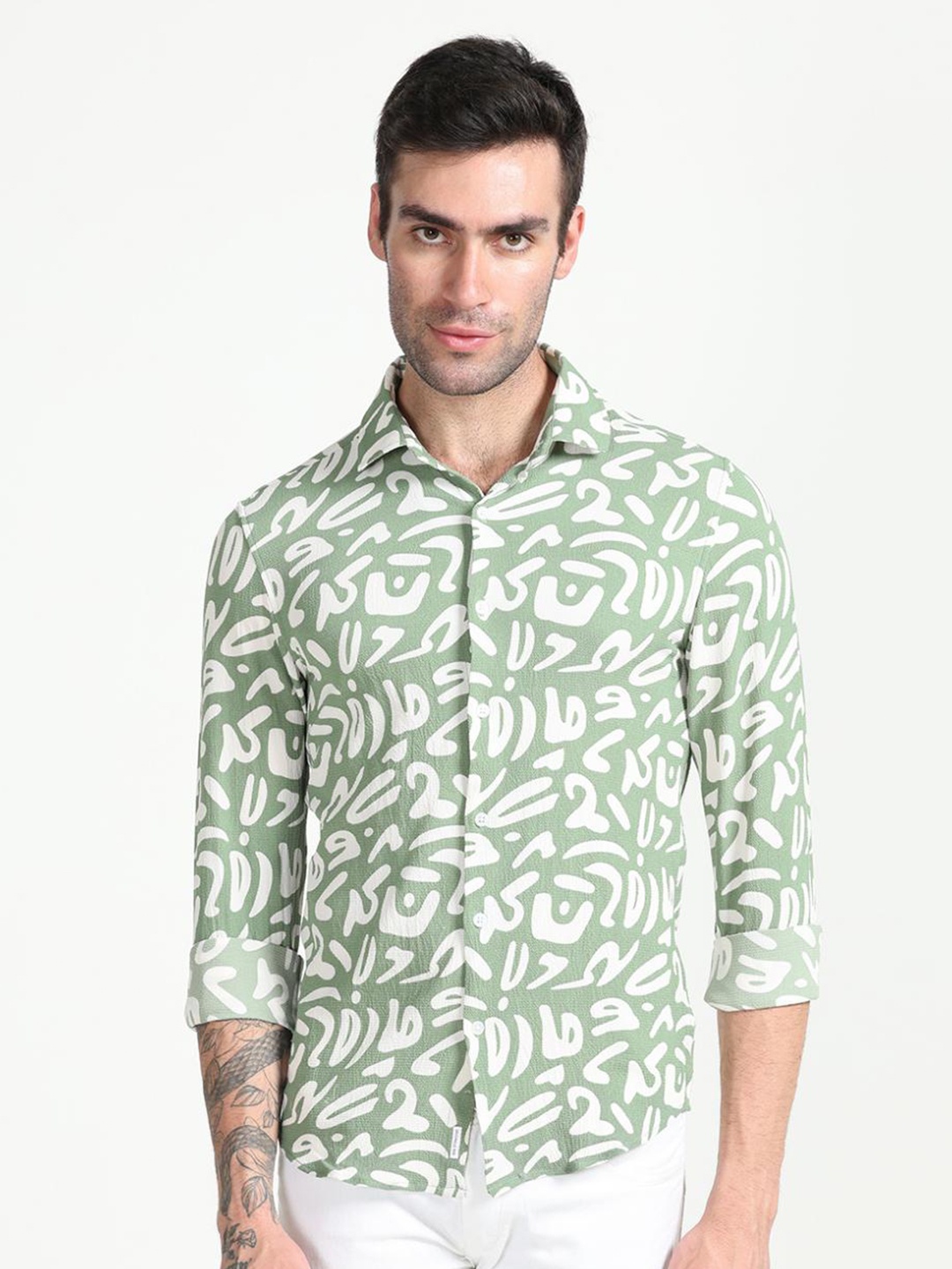 

FLY 69 Premium Slim Fit Abstract Printed Long Sleeves Casual Shirt, Green