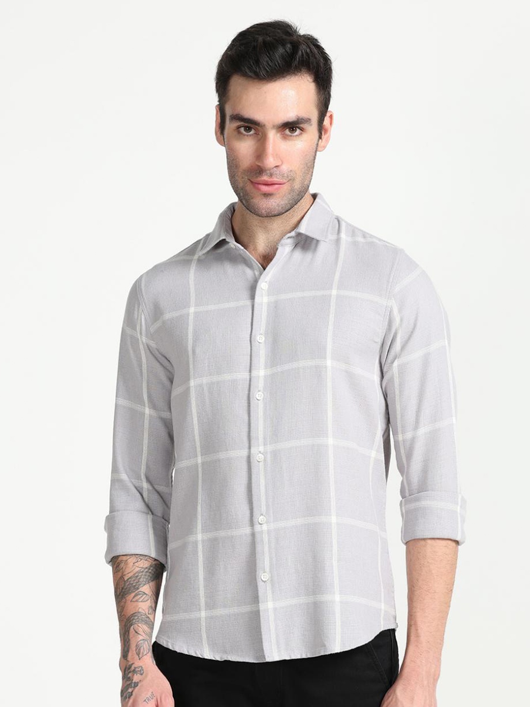 

FLY 69 Premium Slim Fit Checked Pure Cotton Casual Shirt, Grey