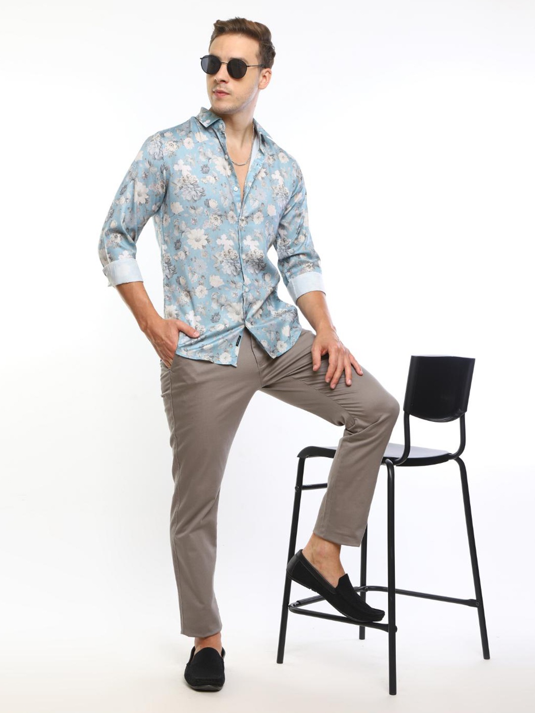 

FLY 69 Premium Slim Fit Floral Printed Pure Cotton Casual Shirt, Turquoise blue