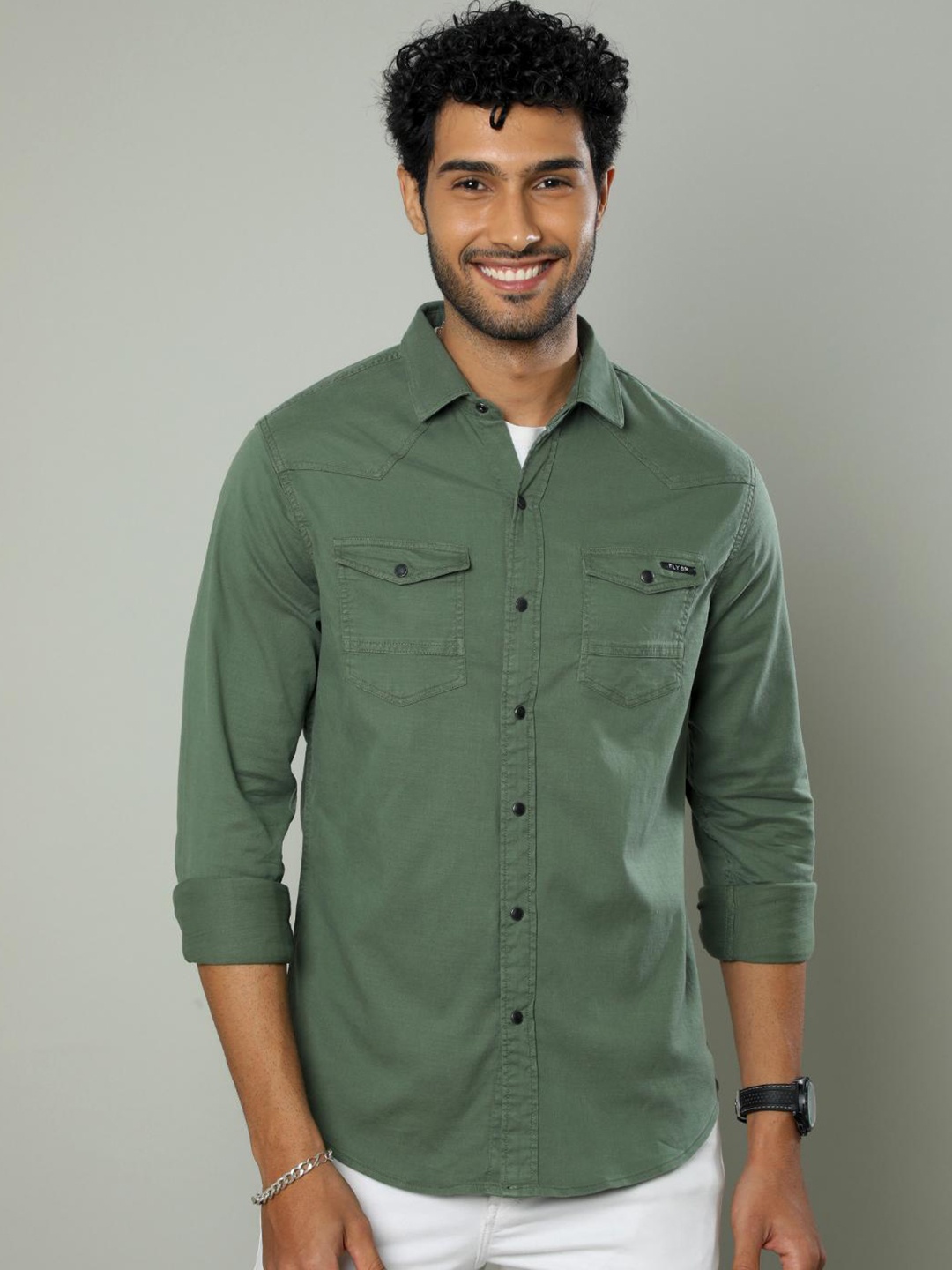

FLY 69 Premium Slim Fit Pure Cotton Casual Shirt, Olive